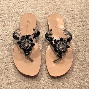 Beverly Feldman black and white beaded rhinestone sandals